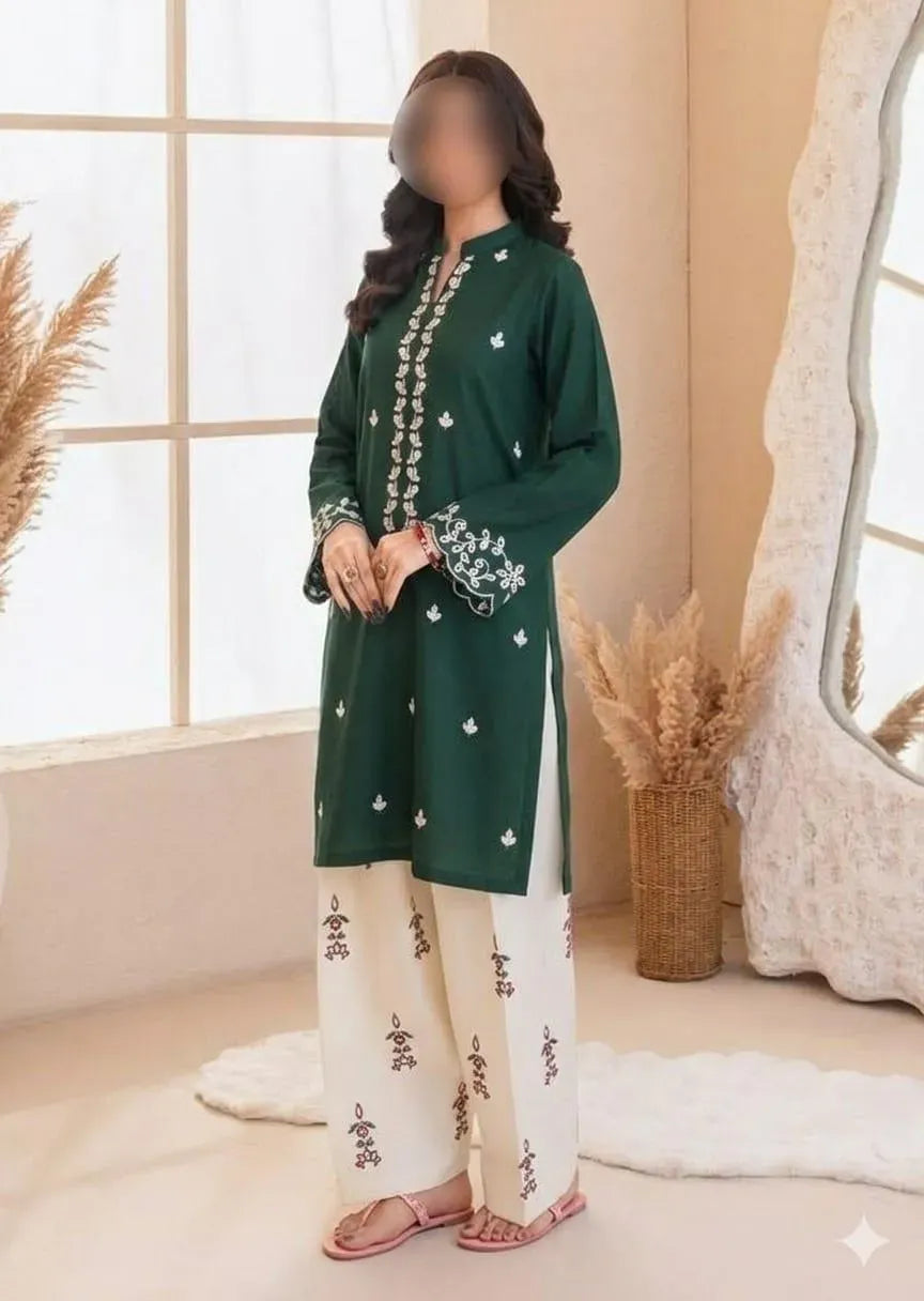 Green Embroidered Lawn Shirt &amp; Cotton Trouser Set