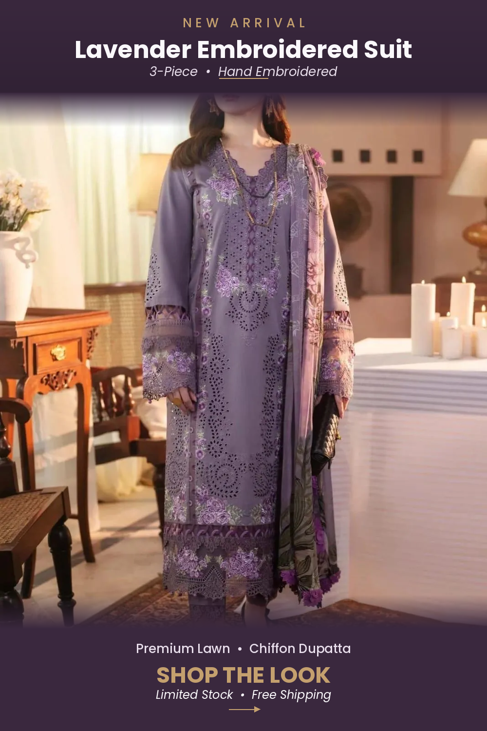 Purple Embroidered Lawn 3Pcs Set for Women